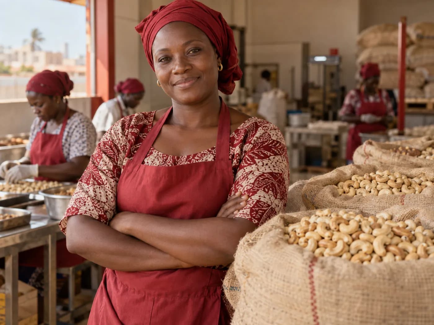 Dirigeante ouest-africaine dans son atelier de transformation de cajou, regard tourné vers l'objectif