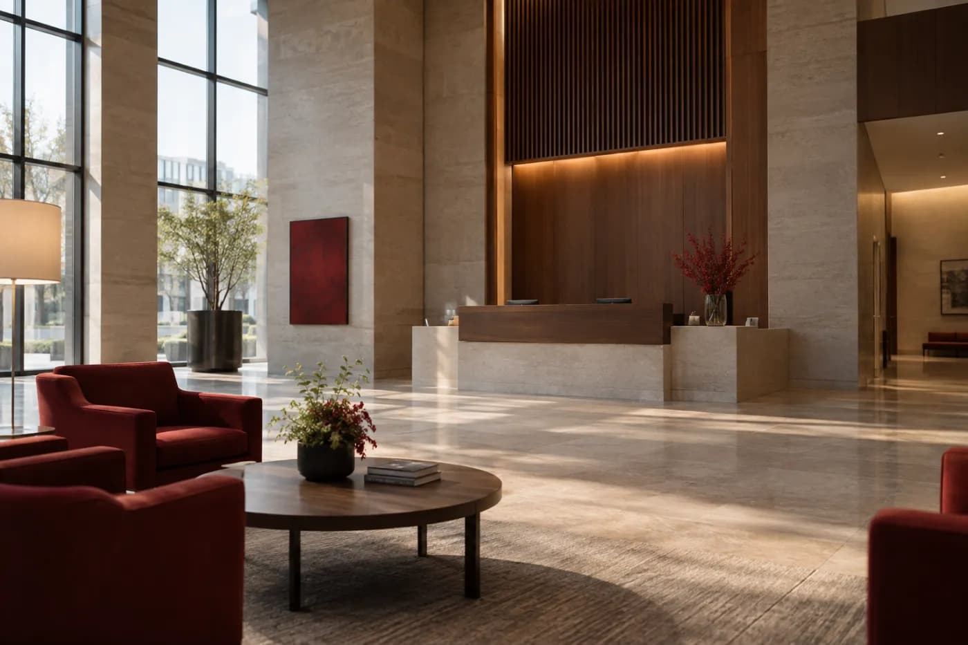 Hall d'une banque canadienne, architecture sobre