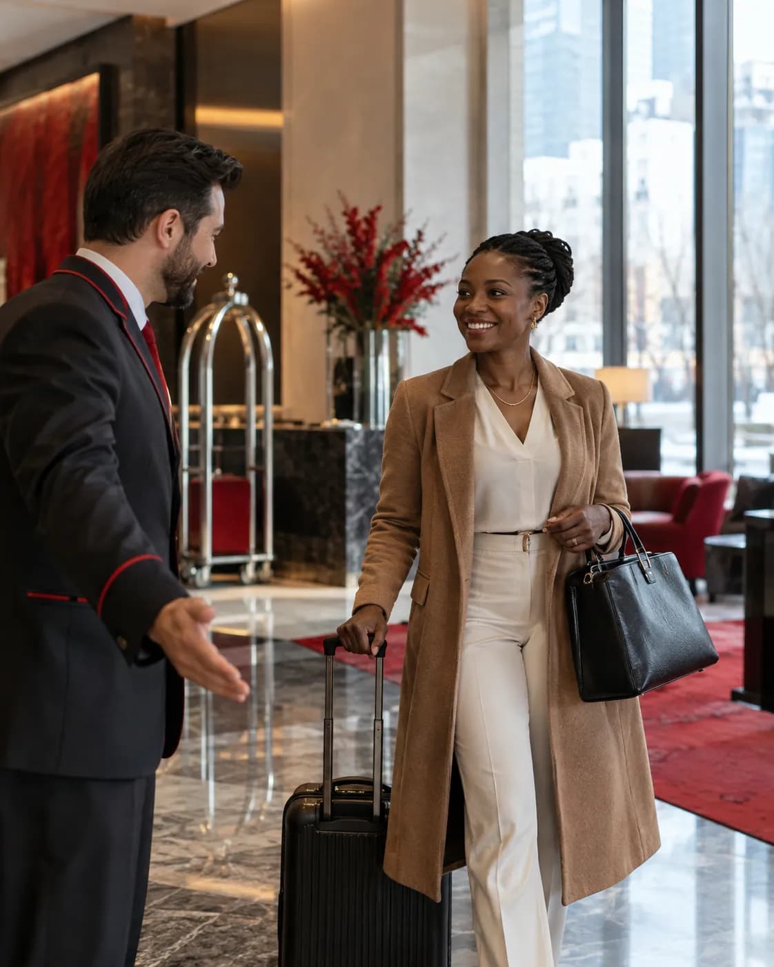 Une concierge accueille une dirigeante africaine dans le hall lumineux d'un hôtel de Montréal