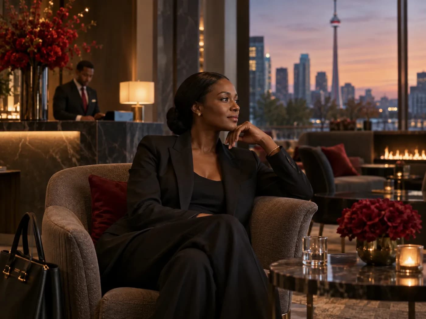 Une dirigeante africaine dans le salon d'un hôtel au crépuscule, un concierge en arrière-plan.