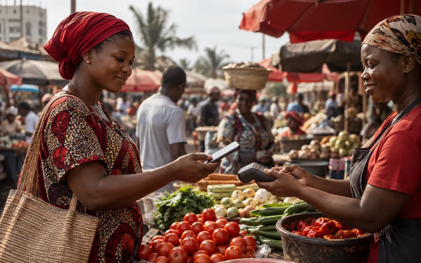 Marché animé à Lomé, une marchande payée par téléphone.