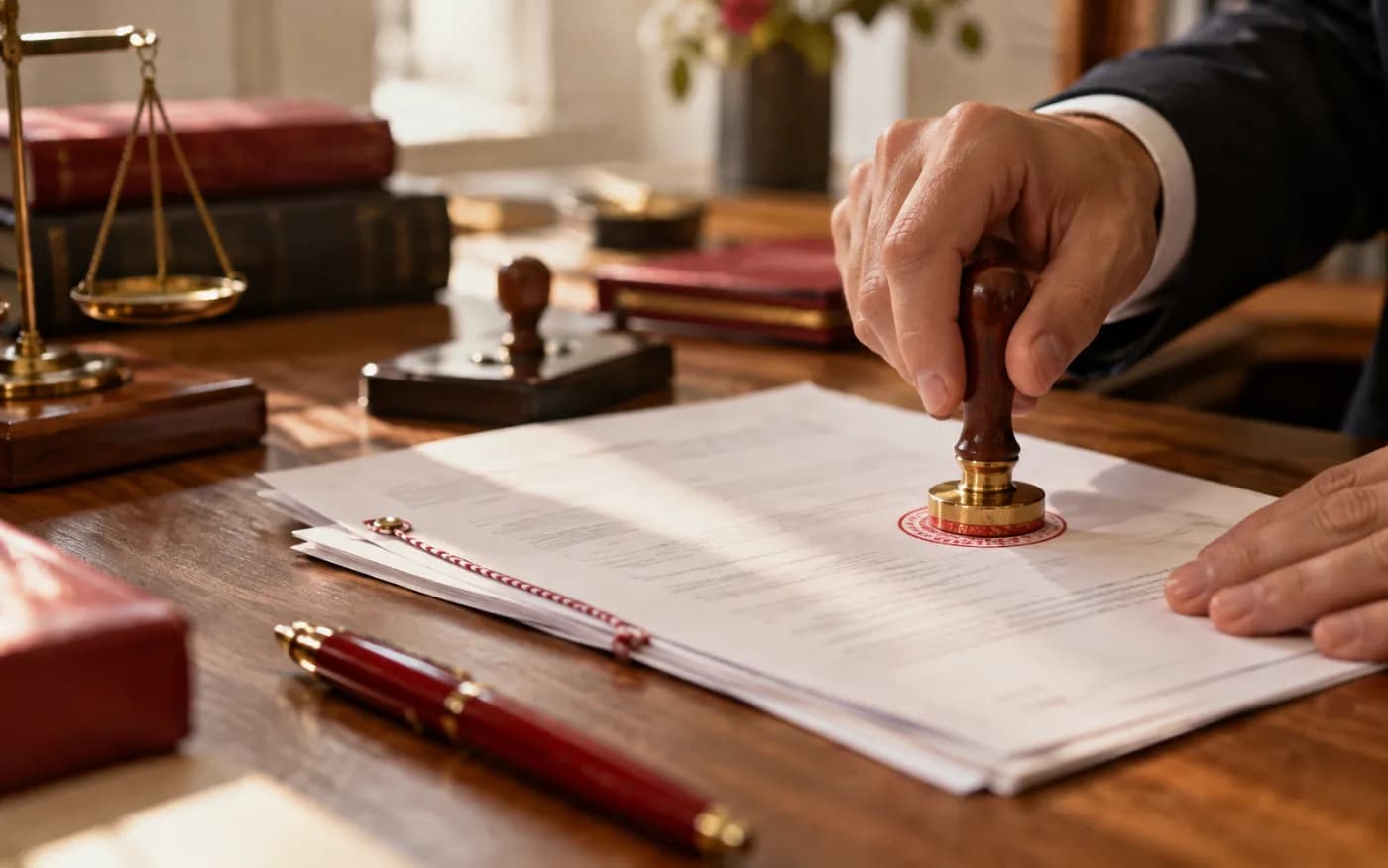 Documents officiels et tampon sur un bureau en bois.